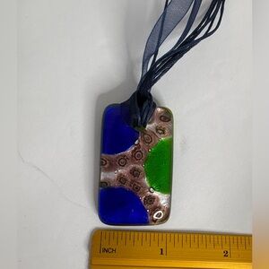 Colorful Fused Glass Blue and Green Pendant Necklace NWOT